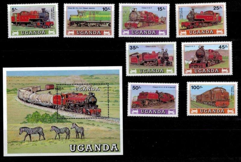 Uganda 1988 Trains set+perf. sheet with error at currency...