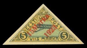 ESTONIA 1923 AIRMAIL - Biplane - surch. 15m/5m yellow, green  Scott # C3 mint MH