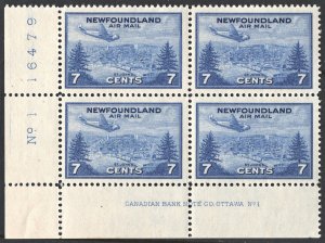 Newfoundland SC#C19 7¢ St John's Airmail Plate Block (1943) MNH