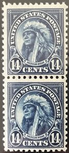 Scott #565 1923 14¢ American Indian flat plate perf. 11 MNH OG vertical pair