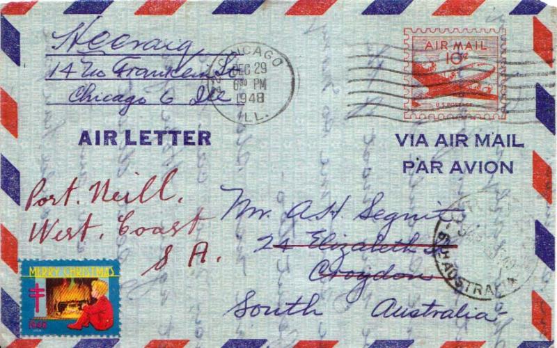 United States U.S. Postal Stationery 10c DC-4 Skymaster Air Letter 1948 Chica...