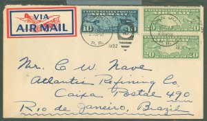 US C9 20c x 2 and 10c tied by San Juan P.R. pmk on cover to Brazil. Cover fold