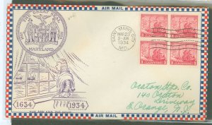 US 736 1934 3c Founding of Maryland/300th anniv bl of 4 on an addessed FDC with an unknown cachet