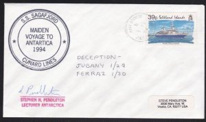 FALKLAND IS 1994 SS Sagafjord ship cover - Port Stanley cds................B3761