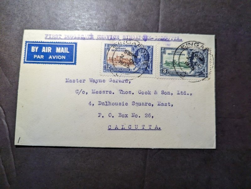 1935 British Singapore Straits Settlements Airmail Cover to Calcutta GPO India
