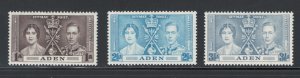 Aden 1937 Coronation Omnibus Issue Scott # 13 - 15 MH