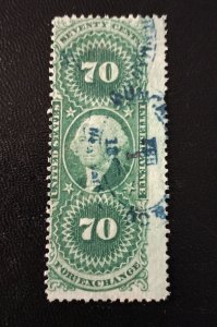 US #R65 Used 70c Foreign Exchange Revenue Stamp Green Fine 1871