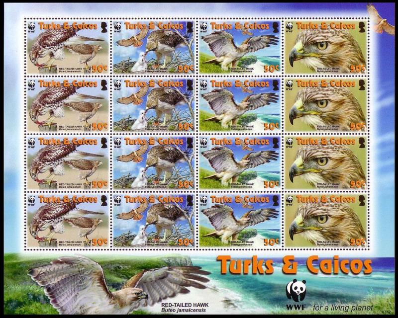 Turks and Caicos Birds WWF Red-tailed Hawk Sheetlet of 4 sets SG#1870-1873