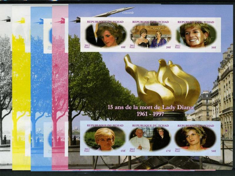 Chad 2012 Pope John Paul II & Diana (4) Progressive Color proofs+original