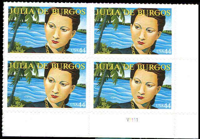 Plate Block Julia De Burgos 44 Cent MNH LR Position