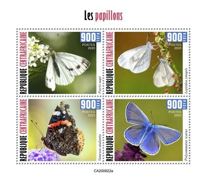 Central African Rep Butterflies Stamps 2020 MNH Red Admiral Butterfly 4v M/S