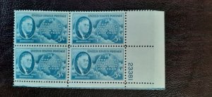 US Scott # 933; 5c FDR from 1945; plate block of 4; MNH, og; VF/XF centering