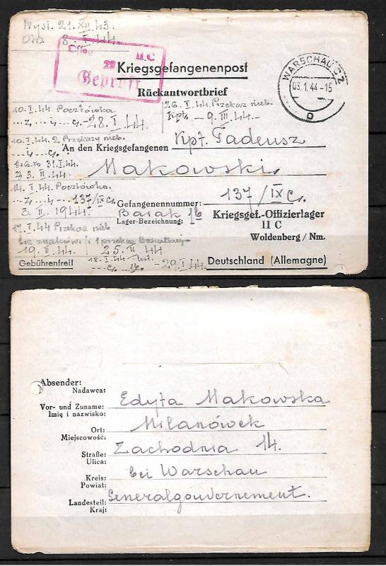 GERMANY WWII. 1944. LETTER-SHEET TO OFLAG XIc - POW CAMP FOR POLISH OFFICER