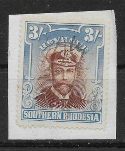SOUTHERN RHODESIA Bft1 1924 3/= BLACK & BLUE FISCALLY USED ON PIECE