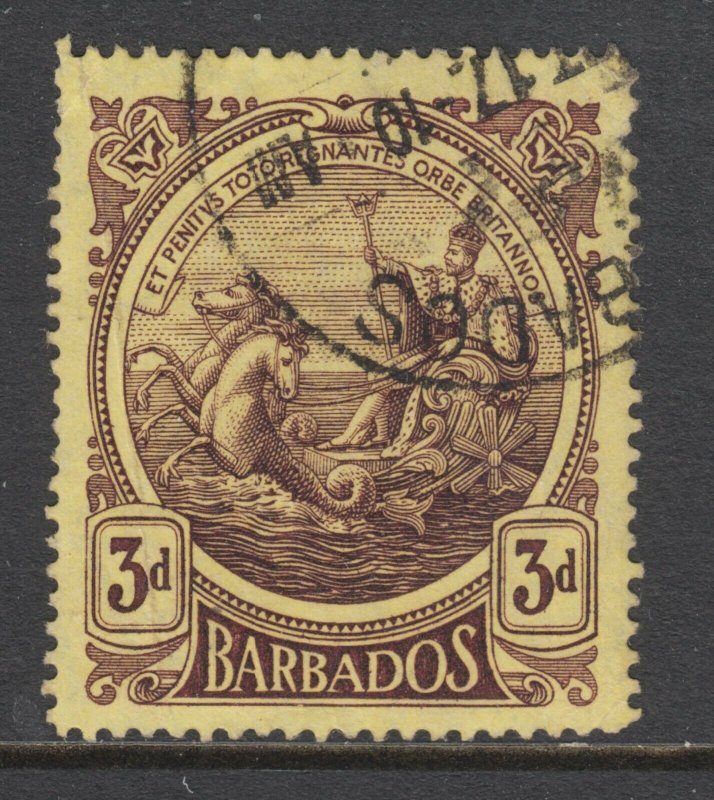 Barbados Sc 132 used. 1916 39 violet on yellow Seal of the Colony, pulled perf