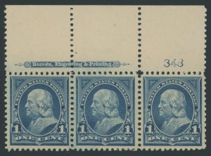 USA 264 - 1 cent Wmk Bureau - XF Mint OGnh Plate # Strip of 3 + Imprint - Sound