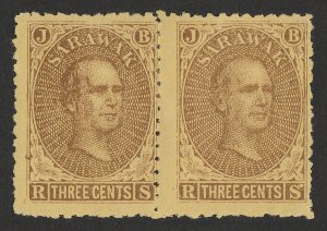 SARAWAK 1869 Brooke 3c brown on yellow pair, (left pane pos.94 & 95). 