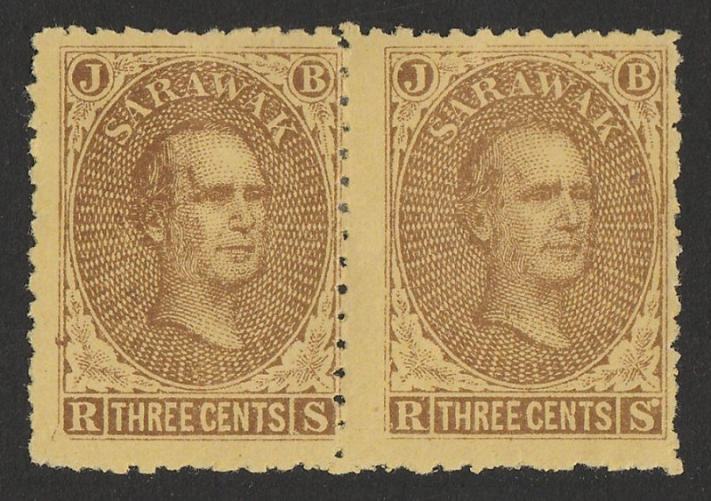 SARAWAK 1869 Brooke 3c brown on yellow pair, (left pane pos.94 & 95). 