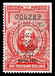 Scott R585 $1,000 1951 Dated Red Revenue Used F-VF Cat $40