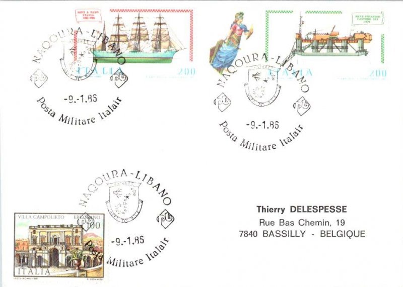 Italy 100L Villa Campolieto and 200L Famous Ships (2) 1986 Naqoura Libano, Po...