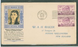US 782 1936 3c Arkansas Statehood Centennial single on an addressed (to New Zealand) FDC with a Laird Cachet