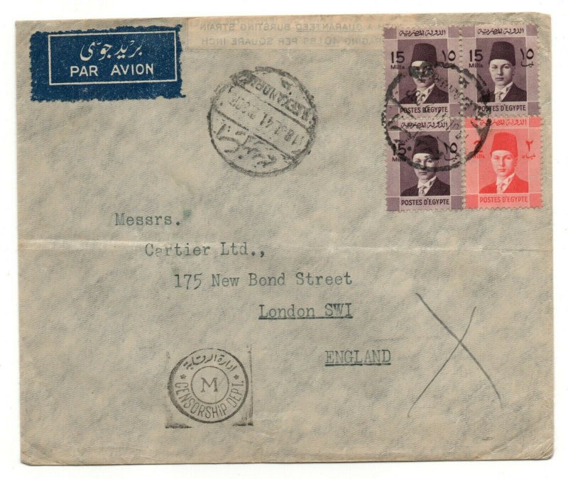 Egypt 1941 King Farouk Issues Censored M Cover to England WS24524