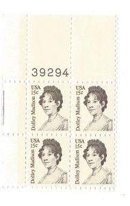 1980 Dolly Madison Plate Block Of 4 15c Postage Stamps, Sc# 1822, MNH, OG