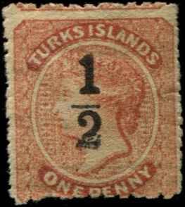 Turks Islands SC# 9 Victoria 1/2(p) on 6p mint no gum wmk 5