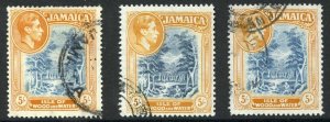 Jamaica SG132/b 5/- perf 14 and shades of perf 13