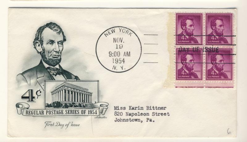 US - 1954 - Scott 1036 FDC - Lincoln Block of 4