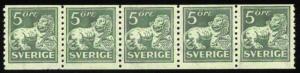 SWEDEN #122v  5ore Lion green, og, LH/NH, 5-strip