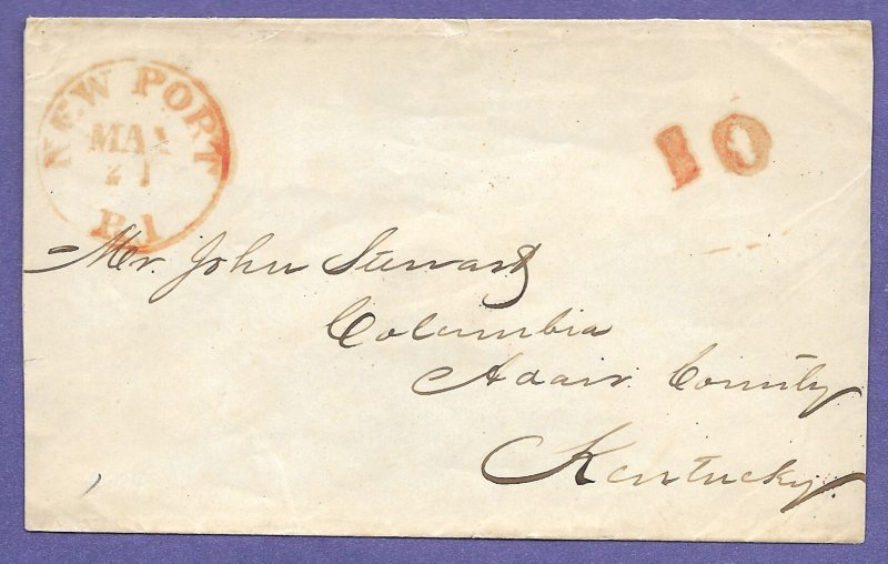 NEWPORT, R.I., c1833 RED CDS, STAMPLESS COVER TO COLUMBIA, KENTUCKY.