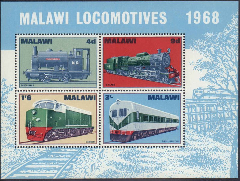 Malawi #90a, Complete Set, S/S Only, 1968, Trains, Never Hinged