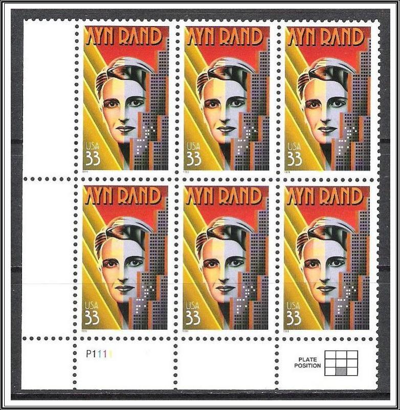 US Plate Block #3308 Ayn Rand MNH