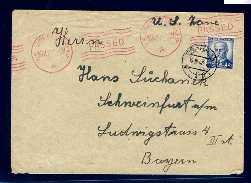 11966- CZECHOSLOVAKIA 1947 - CIRCULATED & CENSORED COVER BY U.S. CIVIL CENSOR