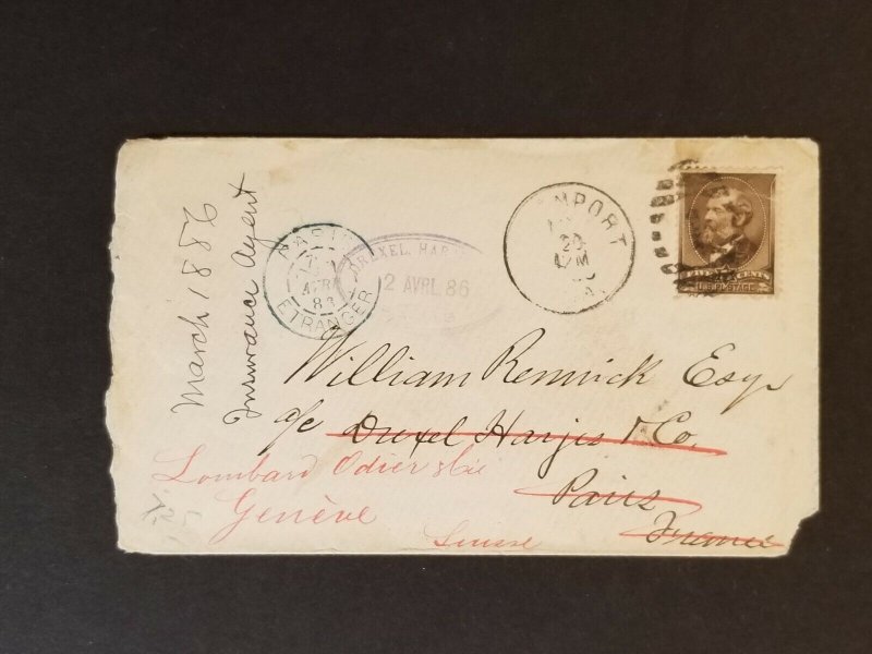 1886 New York to Paris France  Drexel Harris Forward to Geneva Switzerland Cover