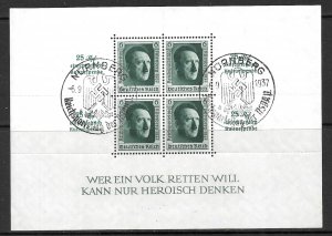 GERMANY 1937 Adolf Hitler 48th Birthday Souvenir Sheet Sc B102 NURNBERG Pmk VFU