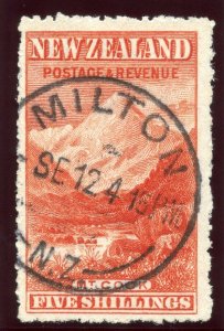 New Zealand 1906 KEVII 5s deep red (wmk sideways) very fine used. SG 329. Sc 120