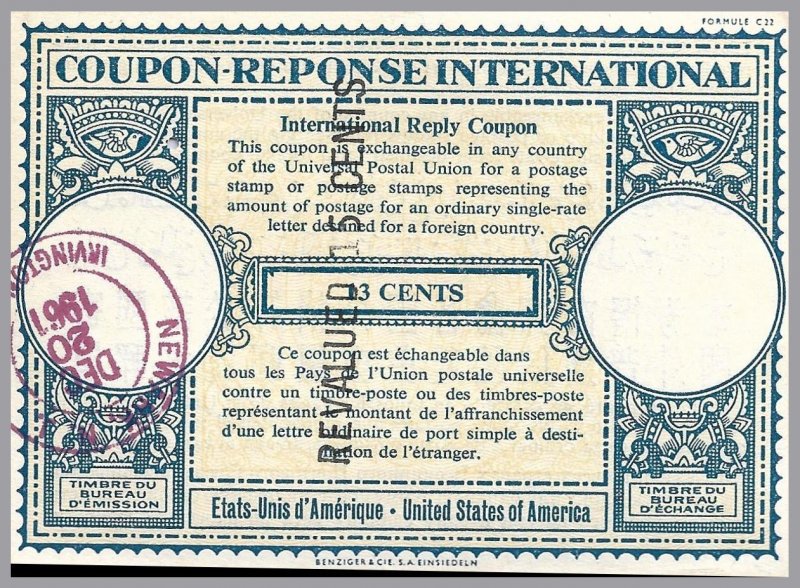 United States - IRC 13c revalued to 15c - International Reply Coupon - used 1961