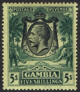 GAMBIA 1922 KGV ELEPHANTS 5/- MNH ** WMK MULTI SCRIPT CA