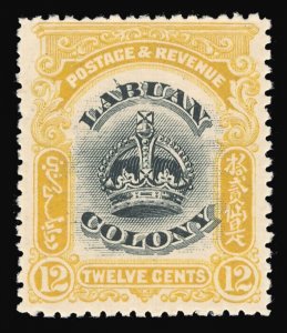 Labuan 1902 KEVII 12c black & yellow with LINE THROUGH B var MLH. SG 123c.