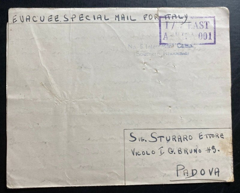 1943 Southern Rhodesia Prisoner of War POW Camp 5 Letter Cover To Padova Italy 