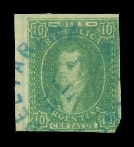 ARGENTINA 1864  RIVADAVIA 10c green  Scott # 9 used F/VF w/ nice blue CXL