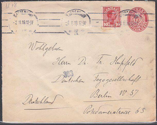 DENMARK 1919 10ore envelope uprated with 10ore stamp used to Germany.......53848