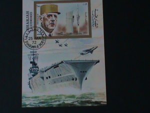 ​SHARJAH-1972- FAMOUS WAR SHIP OF FRANCE  CTO IMPERF-S/S FANCY CANCEL VF