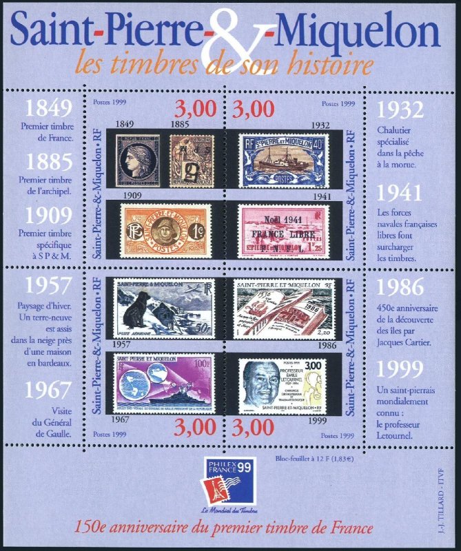 St Pierre & Miquelon 682 ad sheet,MNH.PHILEXFRANCE-1999.Stamp on stamp,Dog,Ships