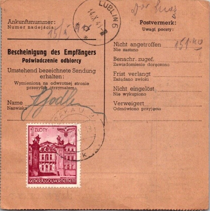 SCHALLSTAMPS GERMANY 1941 POSTAL HISTORY POLAND PACKETMAIL CARD ADDR CANC KRAKAU