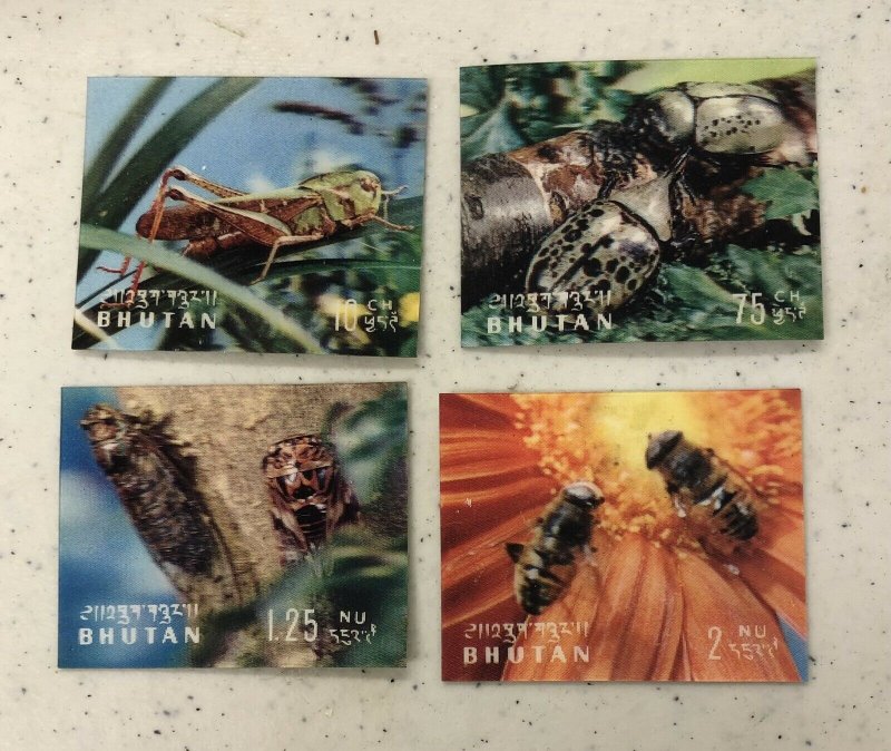 BHUTAN 4 STAMPS INSECTS 1969 ALL 3D MNH Odd Shape Plastic Stamps