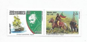 BRAZIL 2007 GARIBALDI 200 YEARS OF HIS BIRTH SAILING SHIPS HORSE FLAGS PAIR MNH