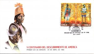 SCHALLSTAMPS CHILE 1990 CACHET FDC COVER COMM DISCOVERY AMERICA SPECIAL CANC